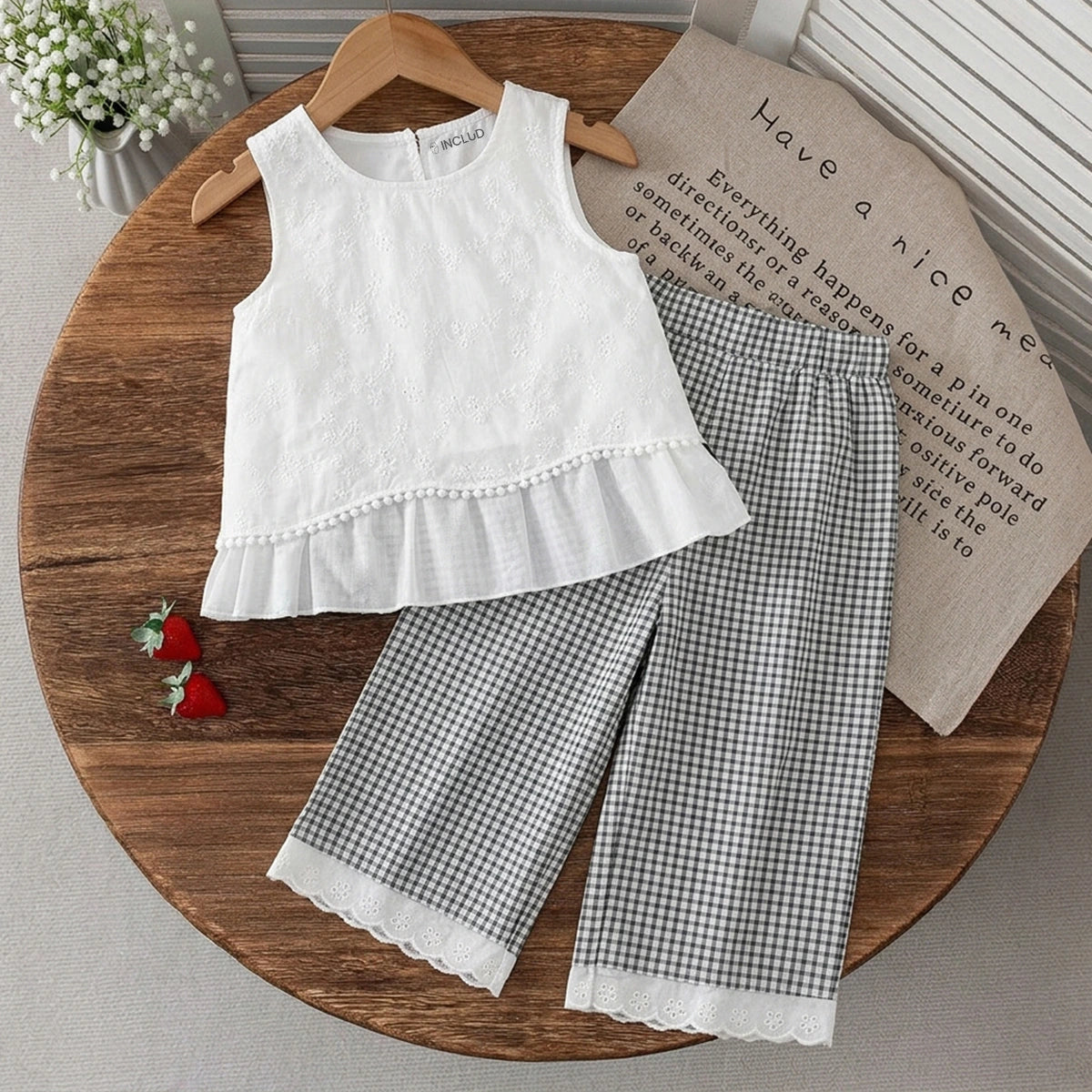 Girls White Self-Design Peplum Top With Checkered Pants Sets 2 pc. Sets White 1-2 Y