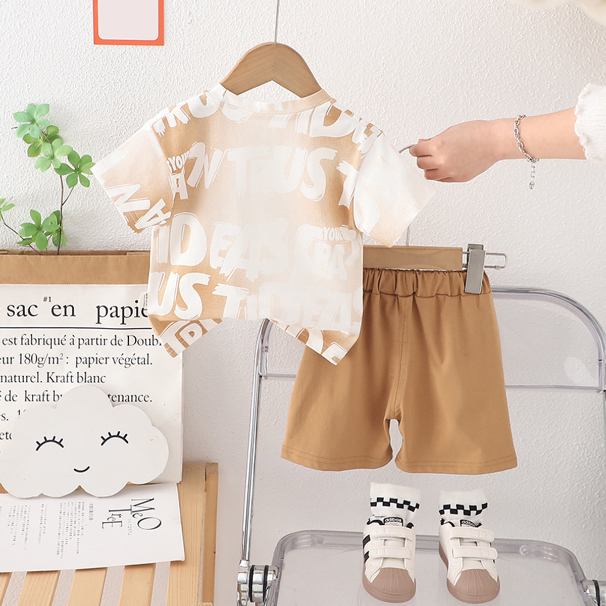Boys Khaki Printed Contrast Pocket T-Shirt With Shorts Set 2 pc. Sets