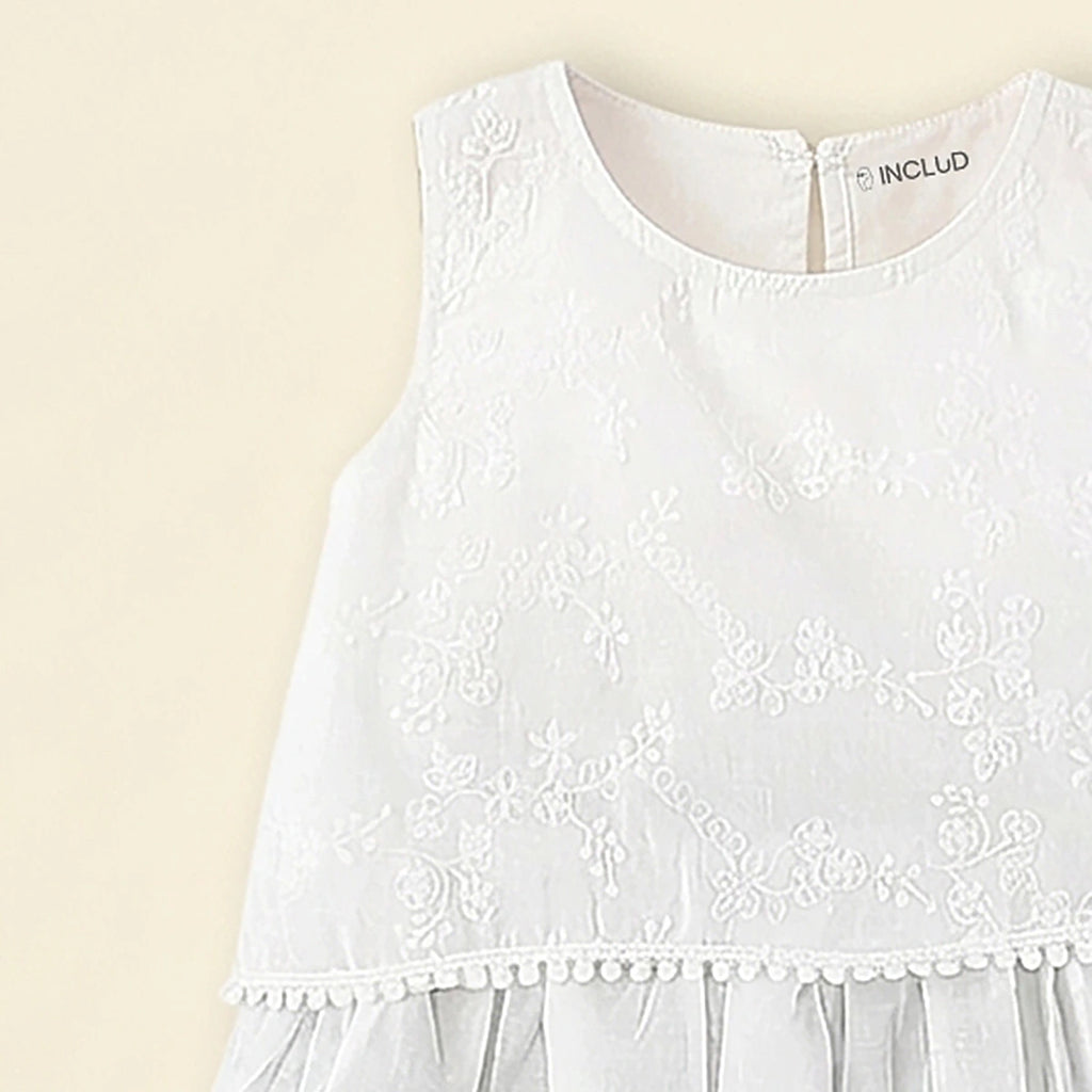 Girls White Floral Embroidered Top With Checked Pants Sets Sets