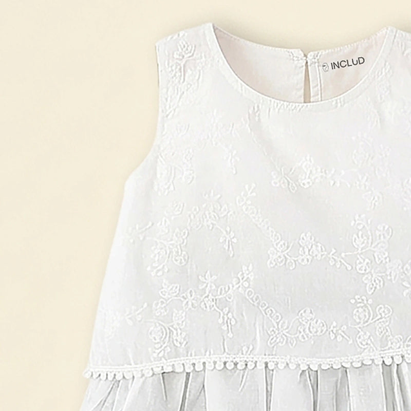 Girls White Floral Embroidered Top With Checked Pants Sets Sets