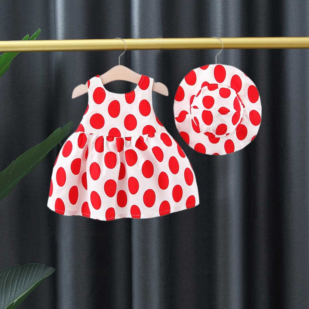 Girls Polka Dot Printed Casual Dress with Hat Casual Dresses Red 1-2 Y 