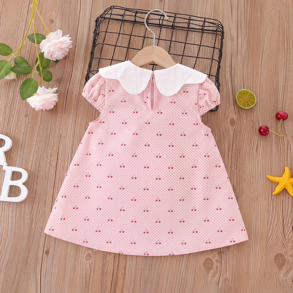 Girls Light Pink Cherry Print Peter Pan Collar A-line Dress Casual Dresses