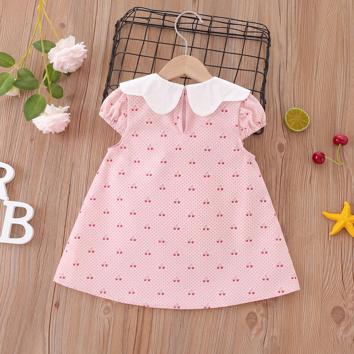 Girls Light Pink Cherry Print Peter Pan Collar A-line Dress Casual Dresses