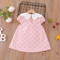 Girls Light Pink Cherry Print Peter Pan Collar A-line Dress Casual Dresses