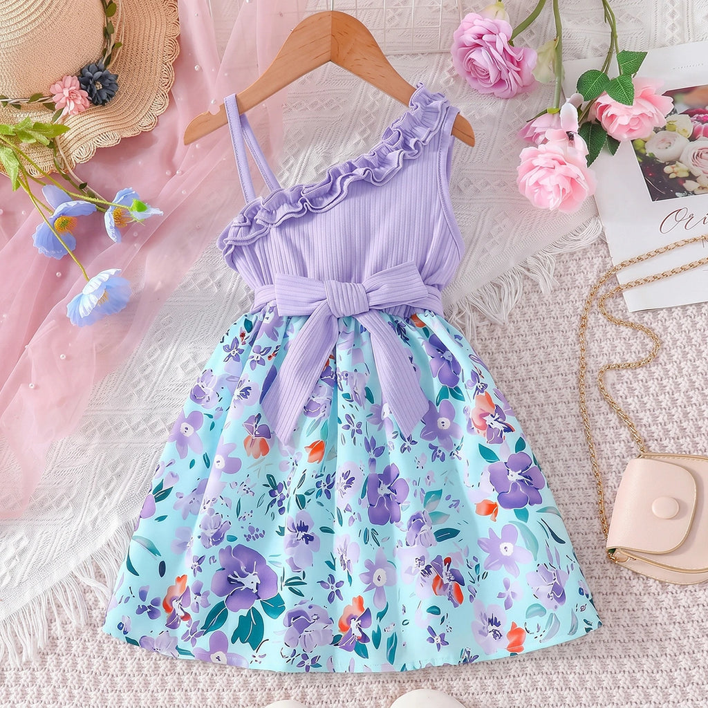 Girls Purple Floral Print One Shoulder Fit & Flare Dress Casual Dresses Purple 1-2 Y