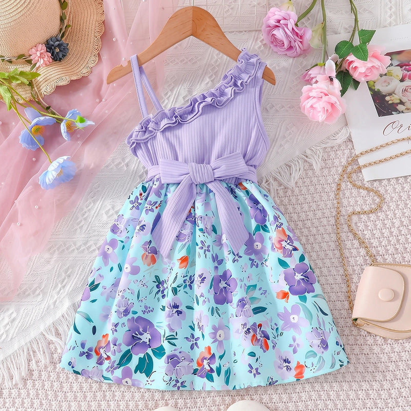 Girls Purple Floral Print One Shoulder Fit & Flare Dress Casual Dresses Purple 1-2 Y