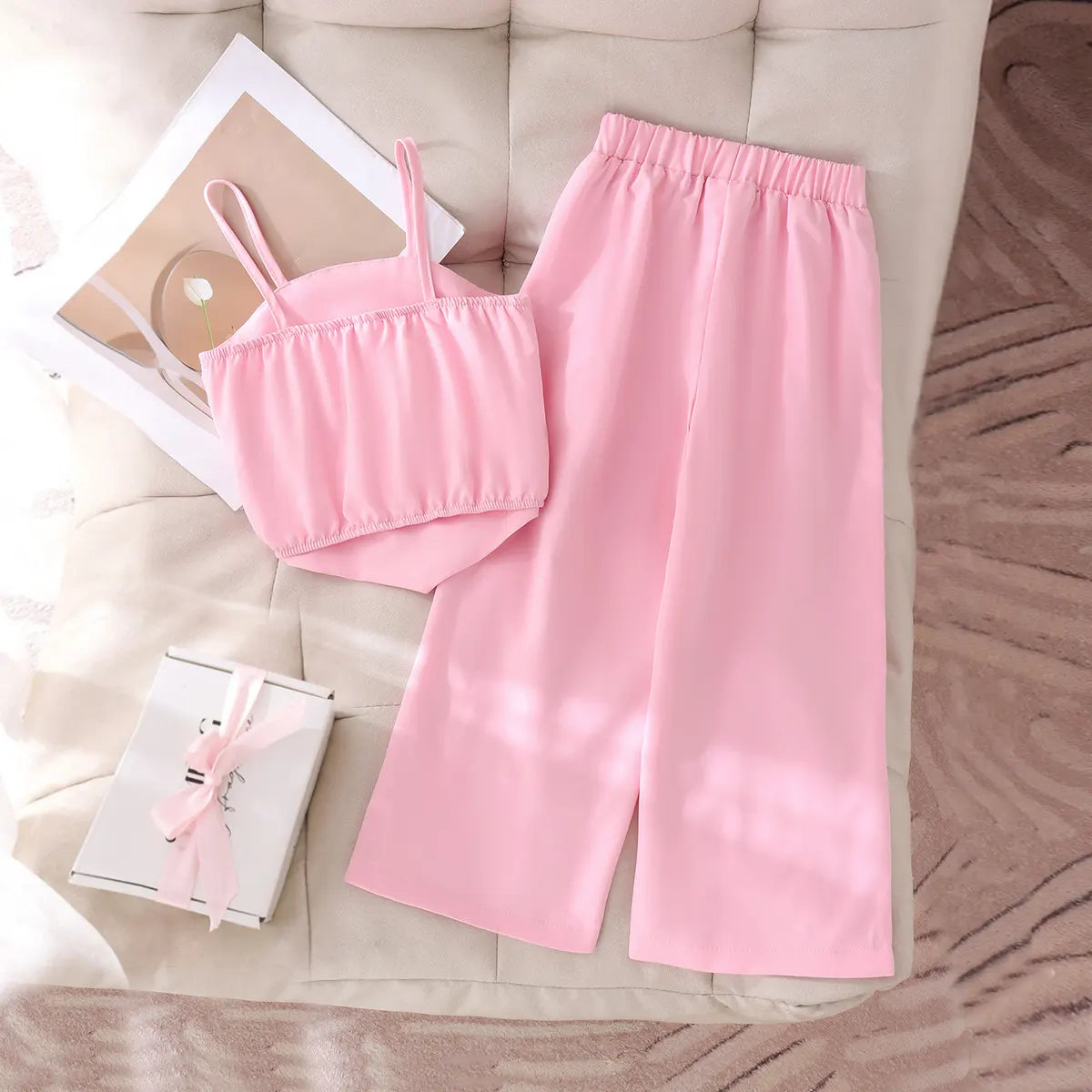 Girls Light Pink Flower Applique Sleeveless Top With Pants Sets 2 pc. Sets