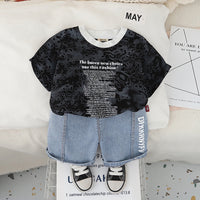 Boys Black Abstract Printed Short Sleeves Round Neck T-Shirt With Denim Shorts Set 2 pc. Sets Black 1-2 Y