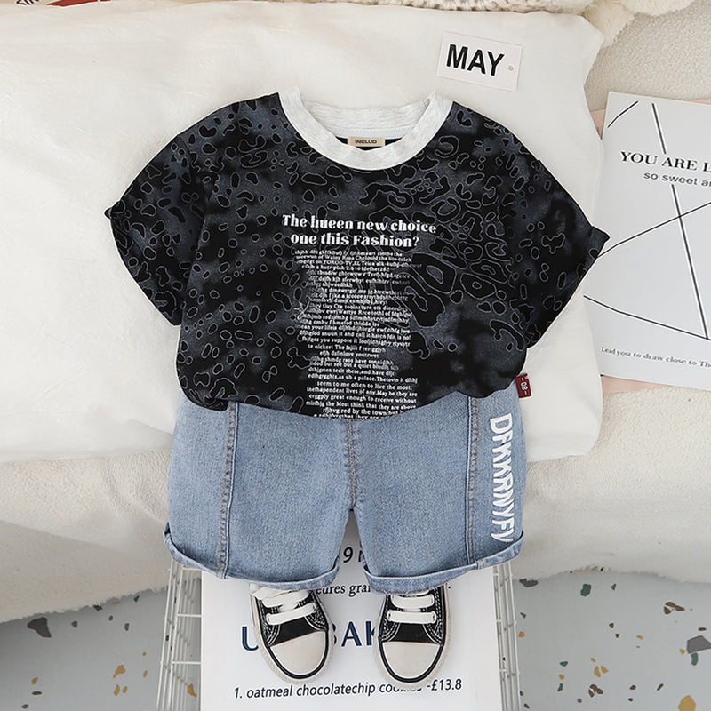 Boys Black Abstract Printed Short Sleeves Round Neck T-Shirt With Denim Shorts Set 2 pc. Sets Black 1-2 Y