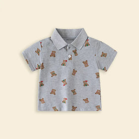 Boys Grey Teddy Bear Printed Short Sleeve Polo T-Shirt Tshirts