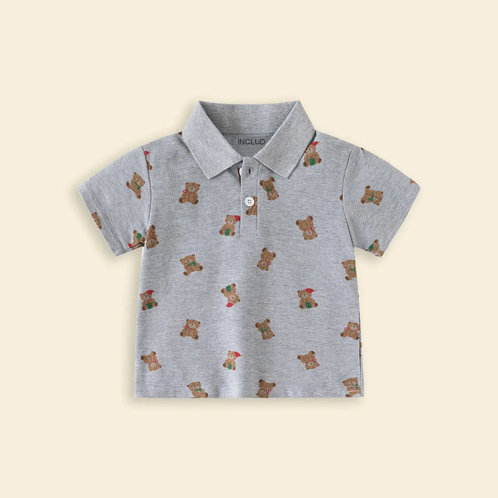 Boys Grey Teddy Bear Printed Short Sleeve Polo T-Shirt Tshirts
