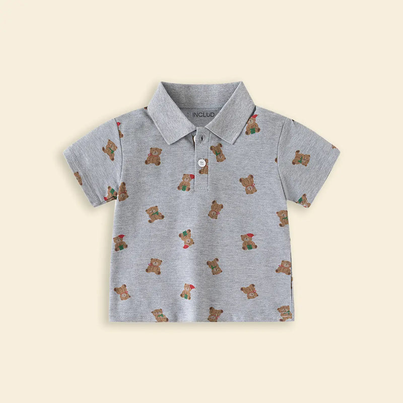 Boys Grey Teddy Bear Printed Short Sleeve Polo T-Shirt Tshirts
