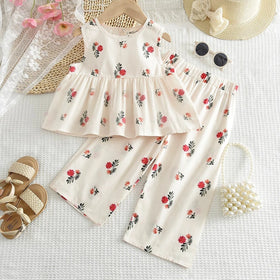 Girls Off White Floral Print Top With Pants Sets 2 pc. Sets Off White 1-2 Y