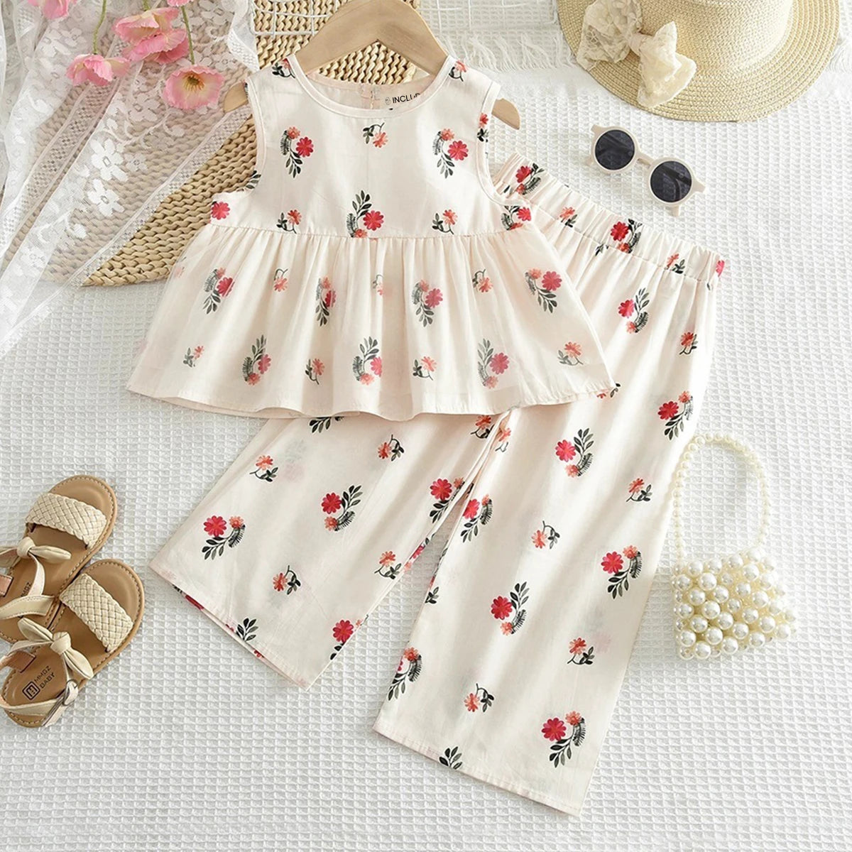 Girls Off White Floral Print Top With Pants Sets 2 pc. Sets Off White 1-2 Y