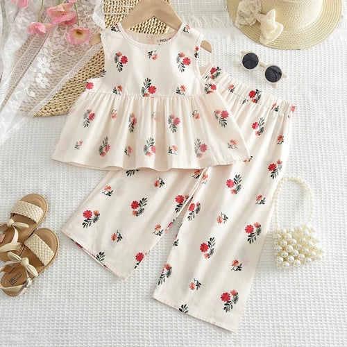 Girls Off White Floral Print Top With Pants Sets 2 pc. Sets Off White 1-2 Y