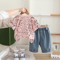 Boys Light Pink Cap Graphic Short Sleeves T-Shirt With Denim Shorts Set 2 pc. Sets