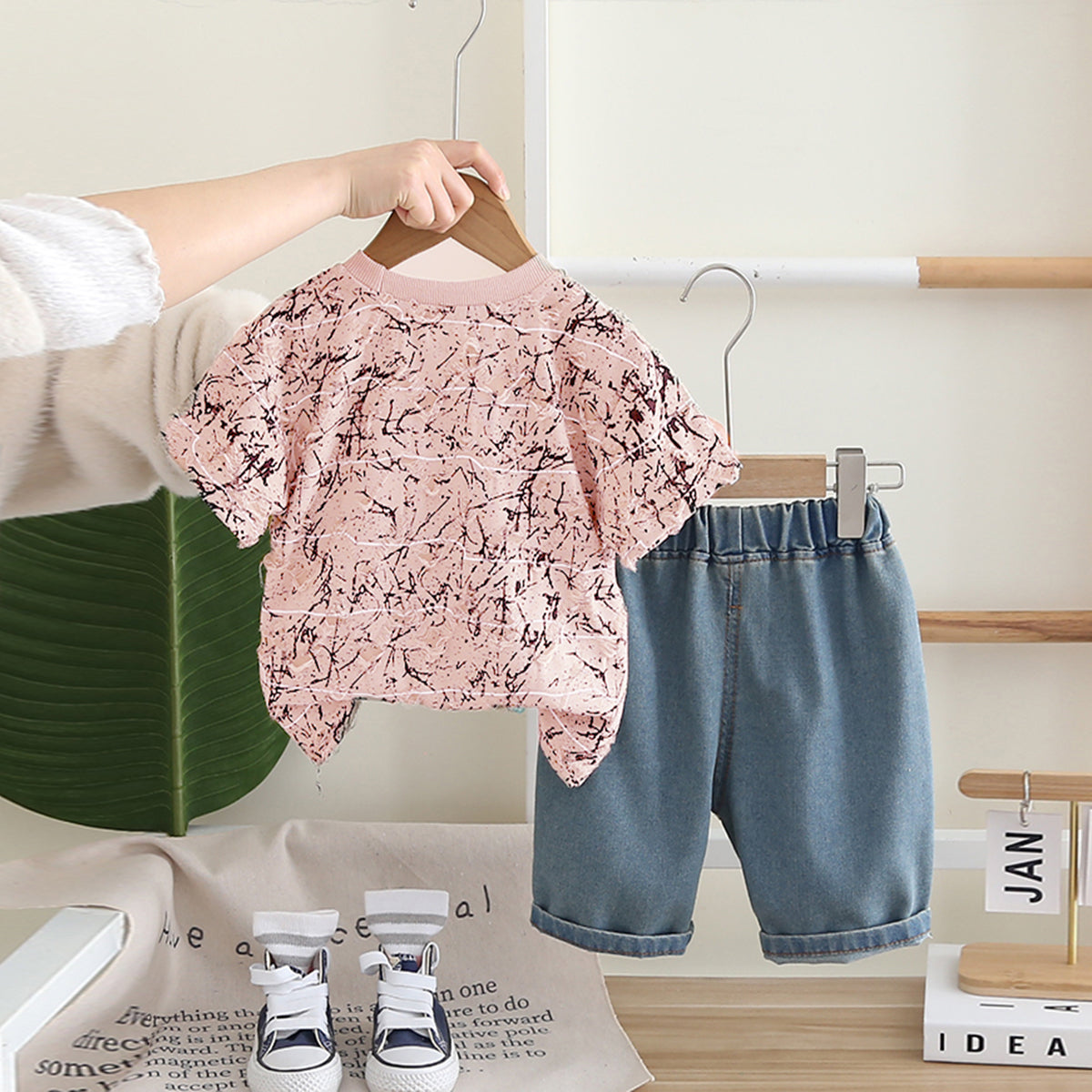 Boys Light Pink Cap Graphic Short Sleeves T-Shirt With Denim Shorts Set 2 pc. Sets