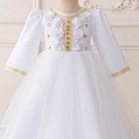 Girls White Embellished Fit & Flare Dress With Flower Appliques Casual Dresses