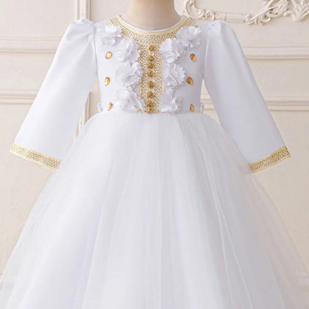 Girls White Embellished Fit & Flare Dress With Flower Appliques Casual Dresses