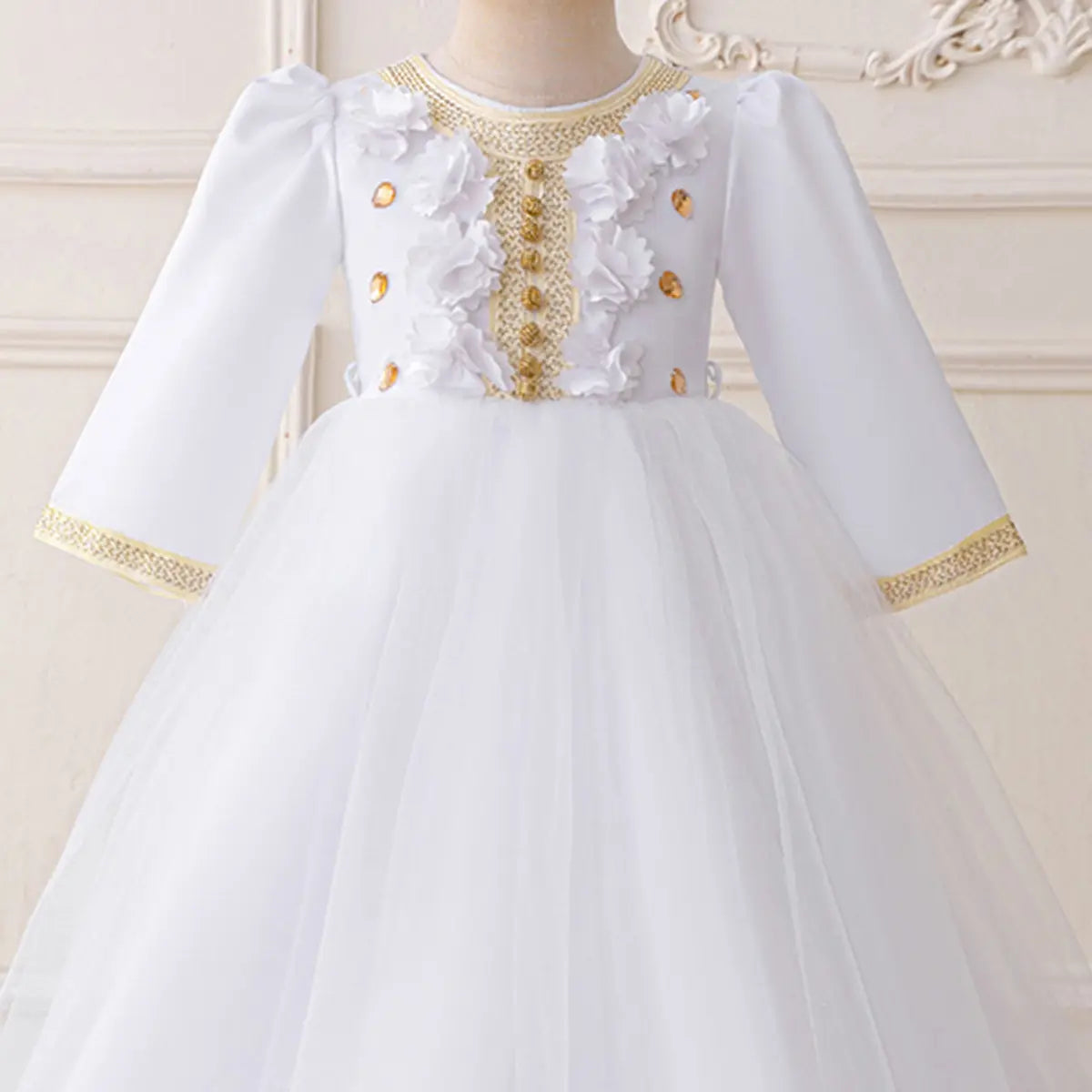 Girls White Embellished Fit & Flare Dress With Flower Appliques Casual Dresses