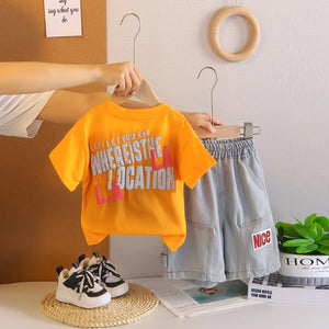 Boys Orange Typographic Printed T-shirt With Denim Shorts Sets Sets