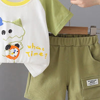 Boys Green Dinosaur Graphic Short Sleeves T-Shirt With Elasticated Shorts Sets Sets