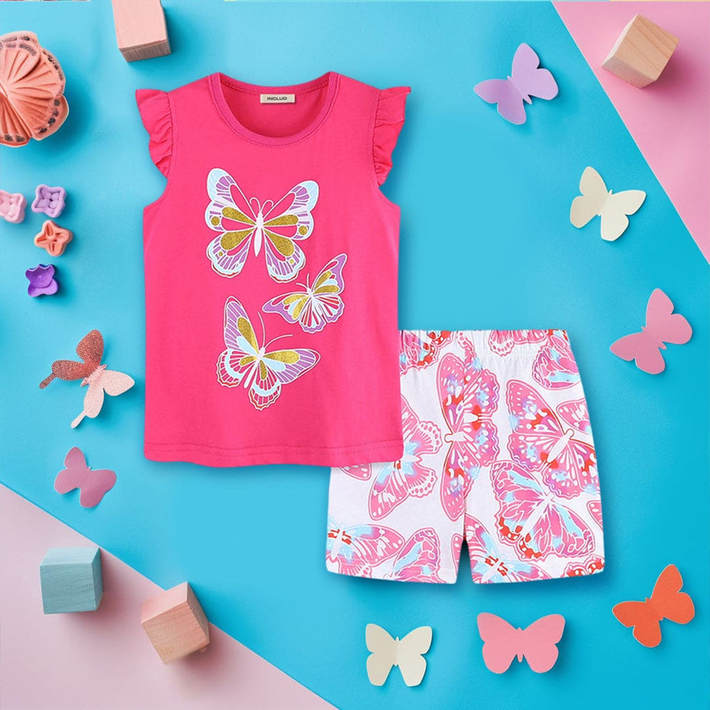 Girls Butterfly Printed Top With Shorts