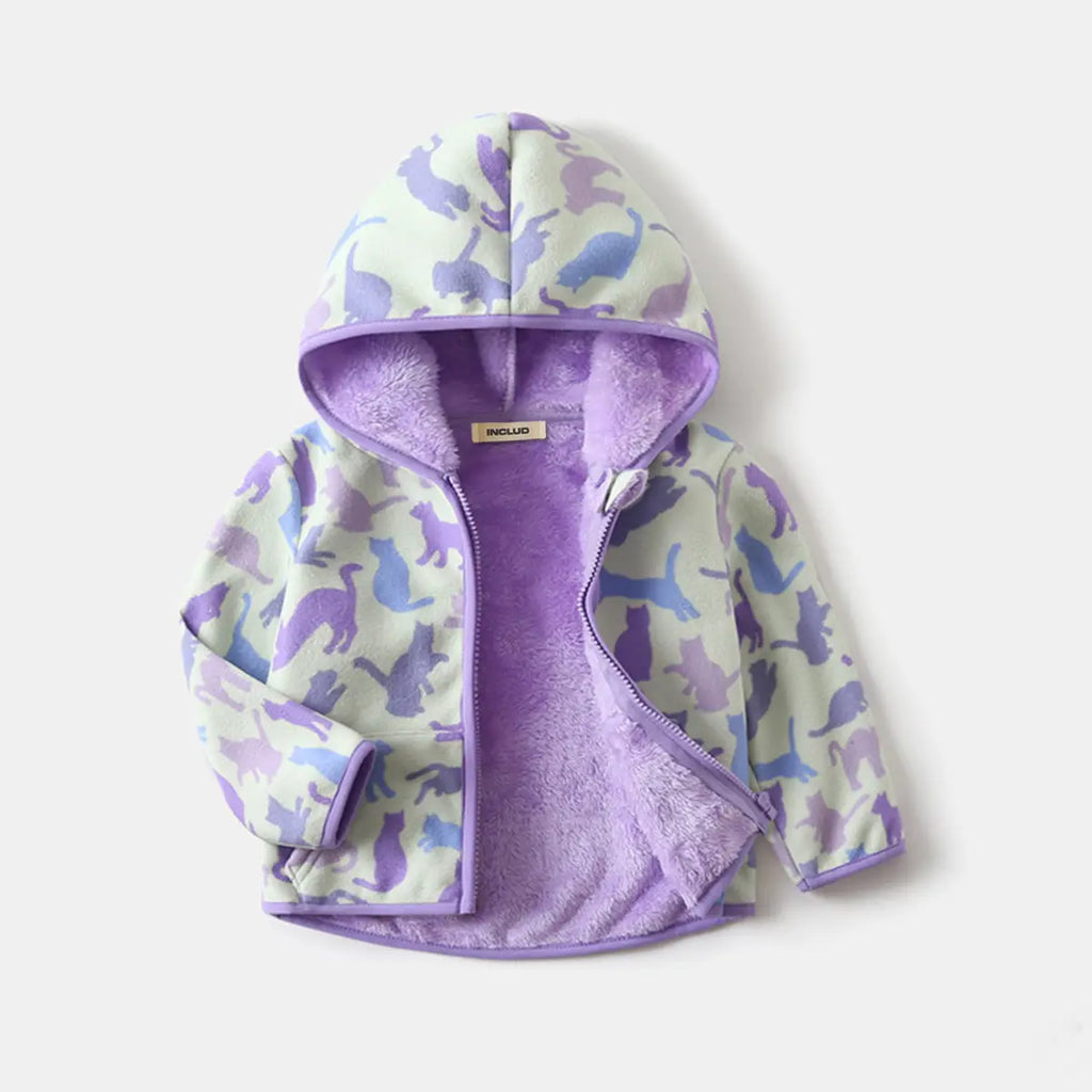 Boys Multicolor Cat Printed Fleece Hooded Zipper Jacket Coats & Jackets