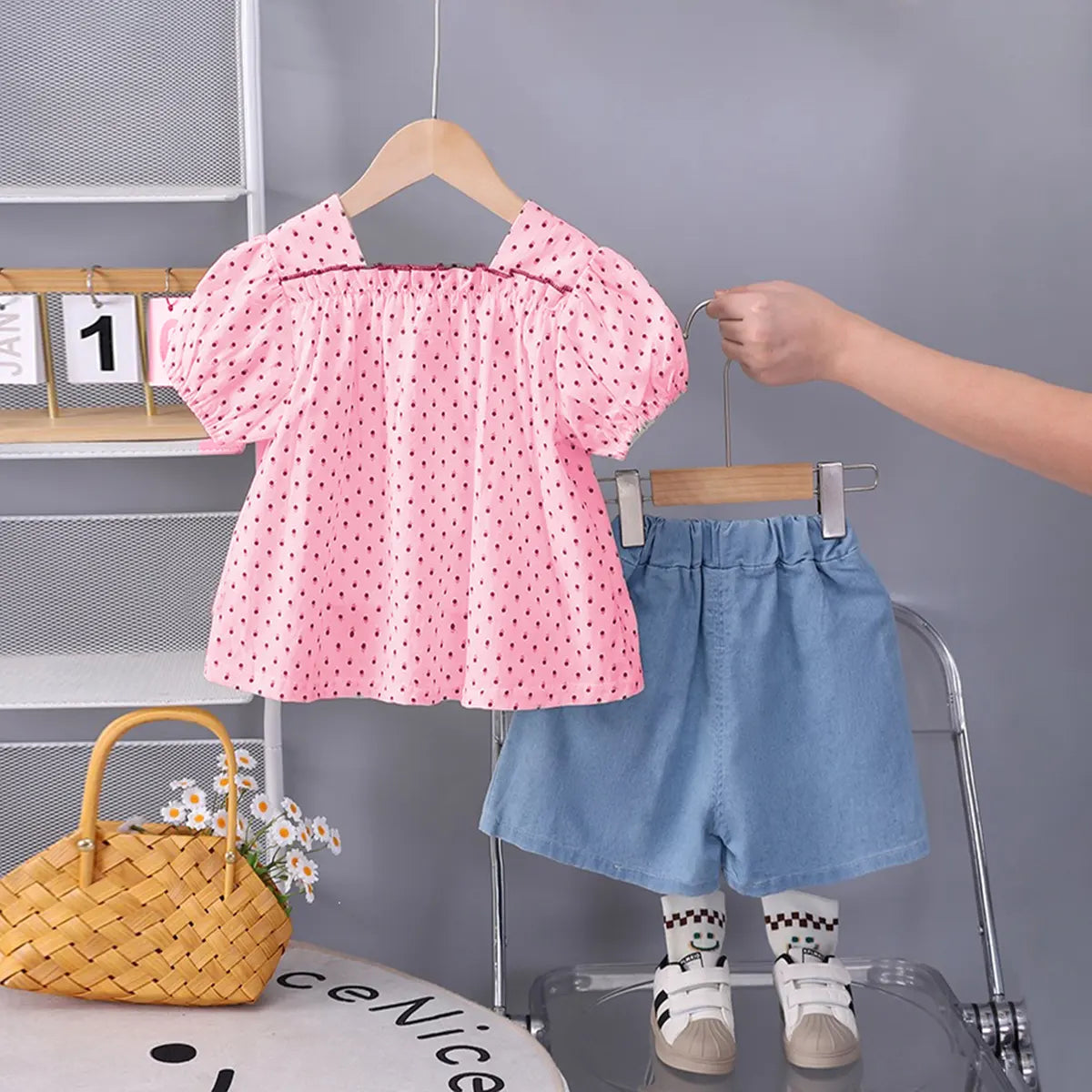 Girls Light Pink Polka Dot Printed Puff Sleeve Top With Denim Shorts Sets 2 pc. Sets