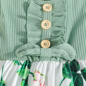 Girls Green Flared Sleeve Floral Printed Fit & Flare Dress Casual Dresses
