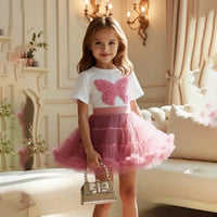 Girls 3D Butterfly Applique Top With Peach Tiered Tulle Skirt Sets Sets