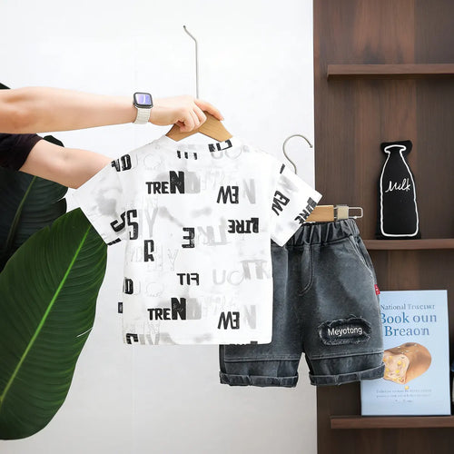 Boys White Typographic Print T-Shirt With Denim Shorts Set Sets