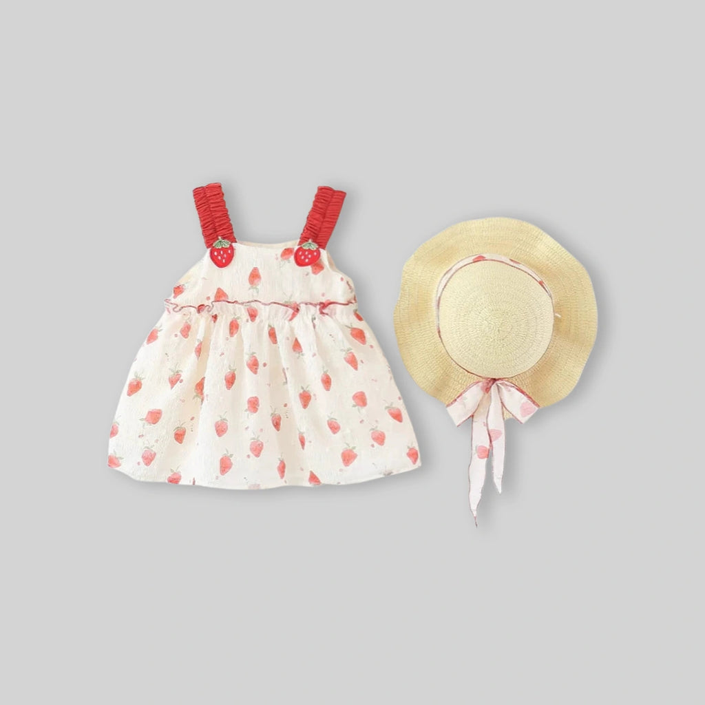 Girls Off White Strawberry Print A-Line Dress With Sun Hat Casual Dresses