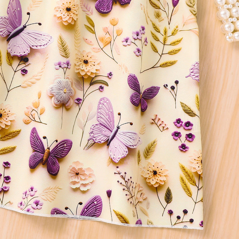 Girls Multicolor Butterfly Printed Halter Neck Sleeveless A-Line Dress Casual Dresses