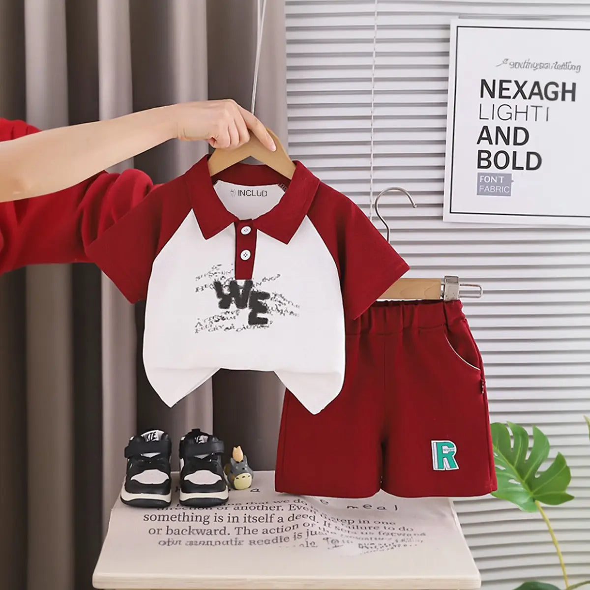 Boys Maroon Typographic Printed Raglan Sleeve Polo T-Shirt With Shorts Sets 2 pc. Sets Maroon 1-2 Y