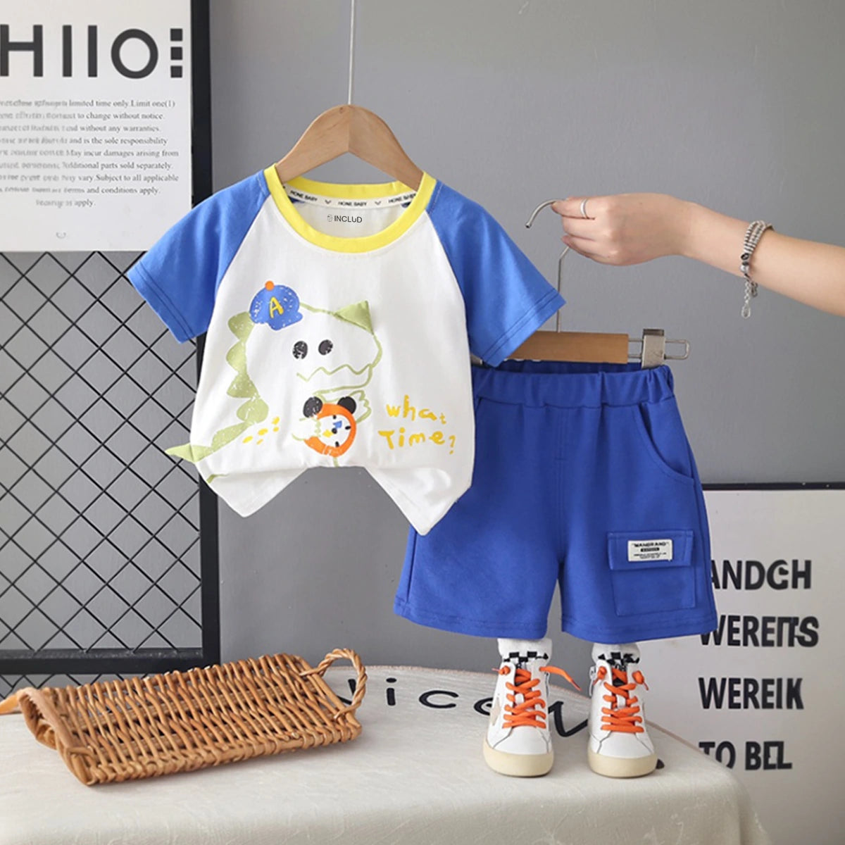 Boys Blue Dinosaur Graphic Short Sleeves T-Shirt With Elasticated Shorts Sets Sets Blue 1-2 Y