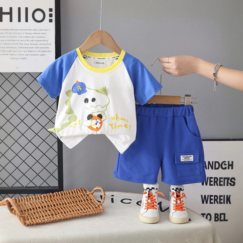 Boys Blue Dinosaur Graphic Short Sleeves T-Shirt With Elasticated Shorts Sets Sets Blue 1-2 Y