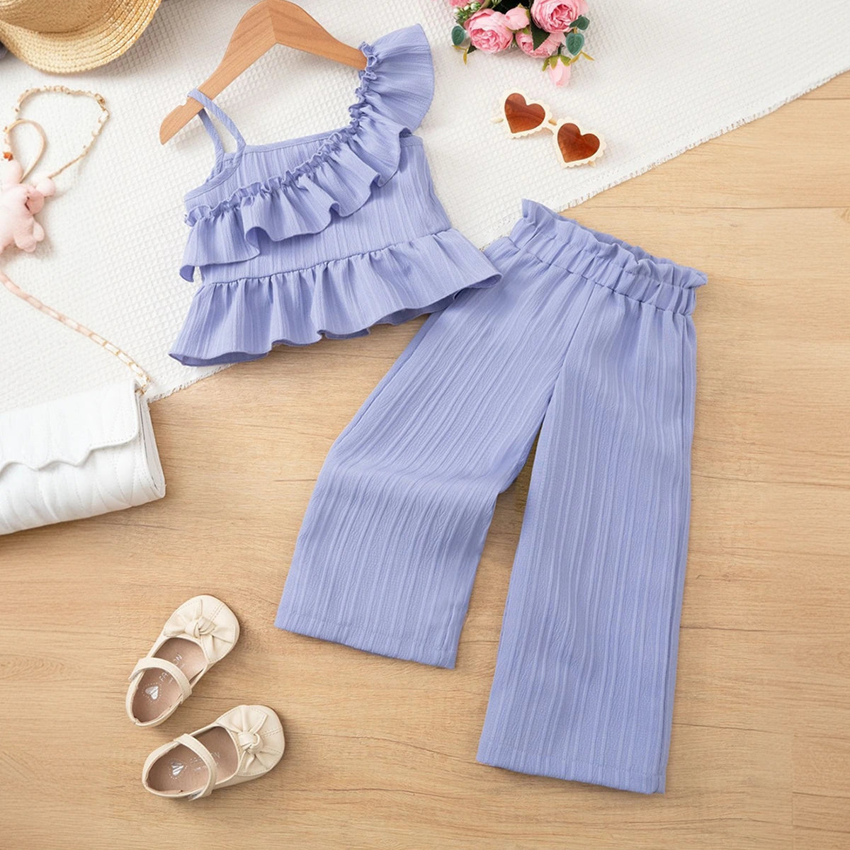 Girls Purple Self Stripes Sleeveless Peplum Top With Pants Co-ord Sets Sets Purple 1-2 Y