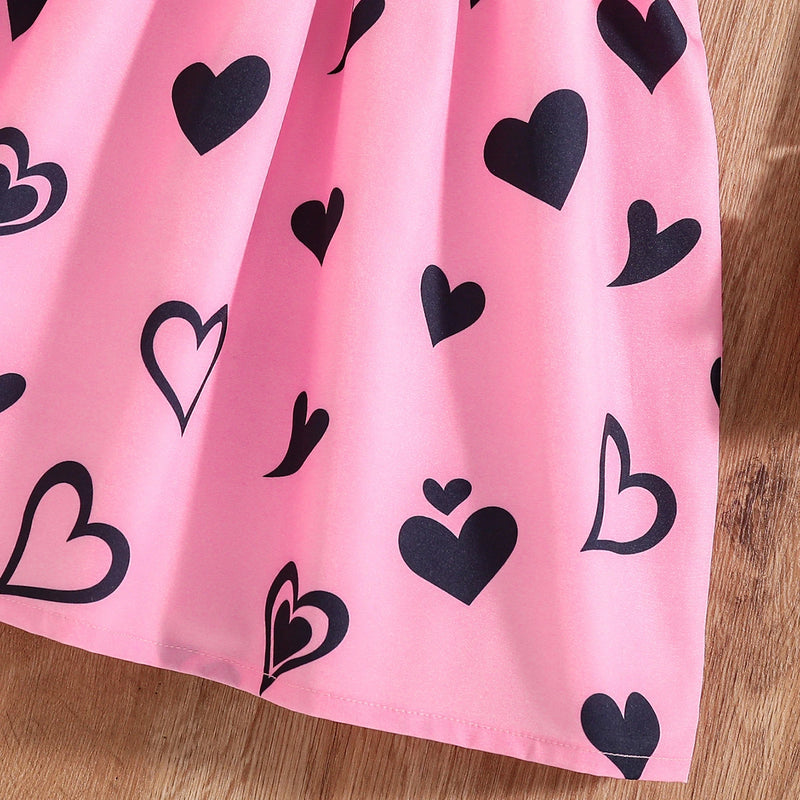 Girls Black Heart Print Short Sleeve Fit & Flare Dress Casual Dresses