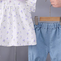 Girls Lavender Floral Printed Short Sleeve Top With Elasticated Shorts Sets 2 pc. Sets