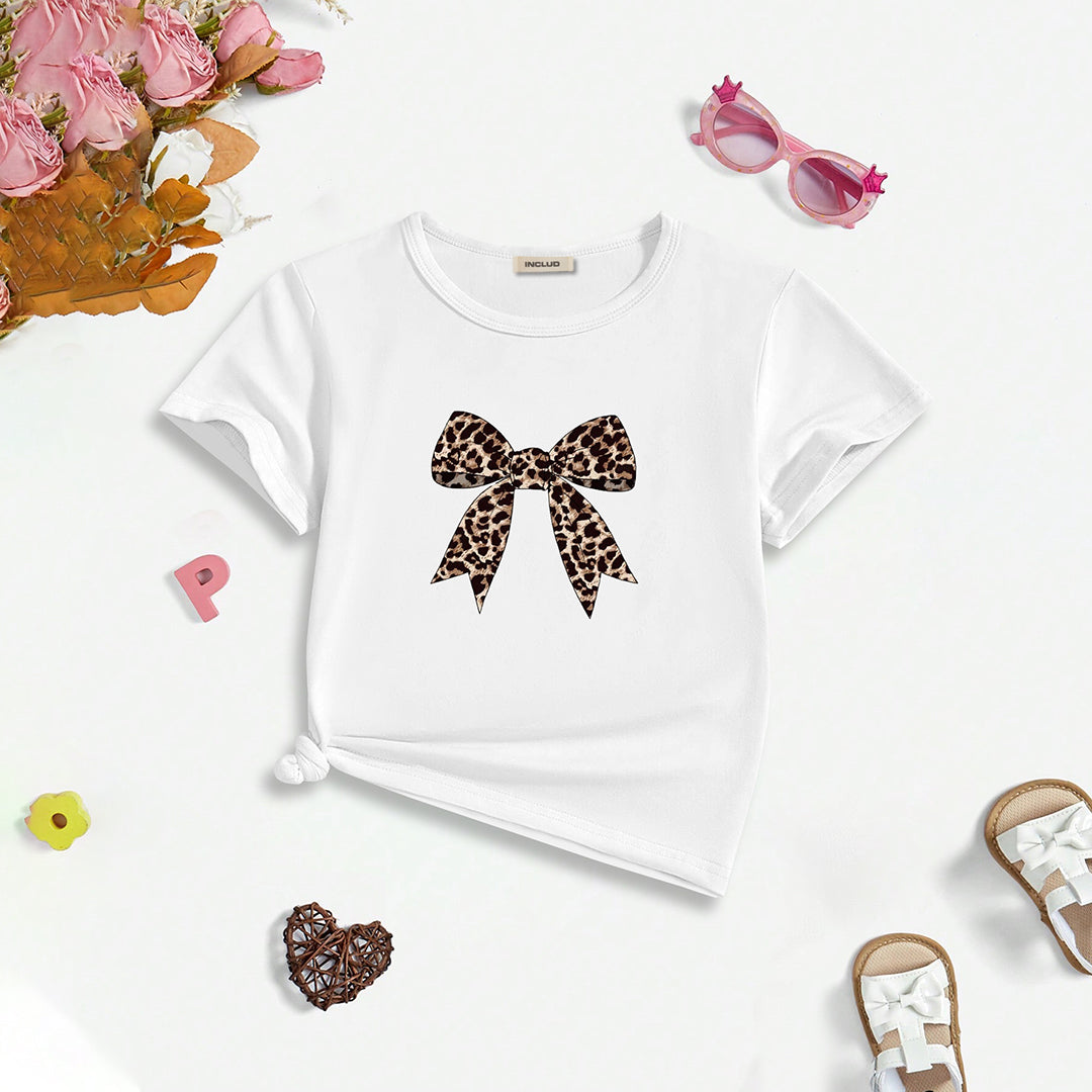 Girls White Bow Print Short Sleeve T-Shirt Tshirts