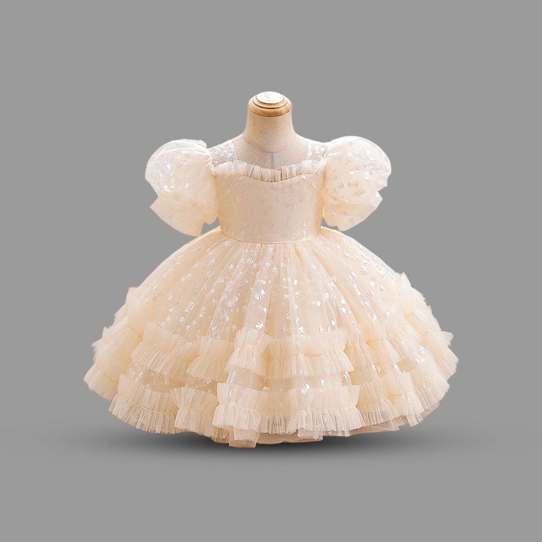 Girls Puff Sleeve Foil Print Fit & Flare Dress Party Dresses   