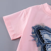 Girls Pink Butterfly Applique T-Shirt With Pleated Denim Shorts Set Sets