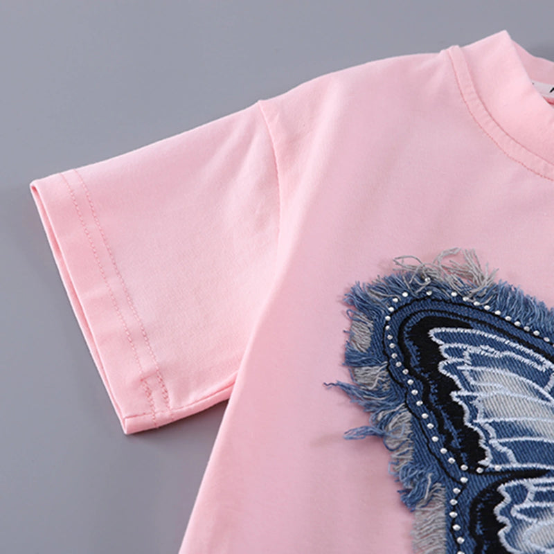 Girls Pink Butterfly Applique T-Shirt With Pleated Denim Shorts Set Sets