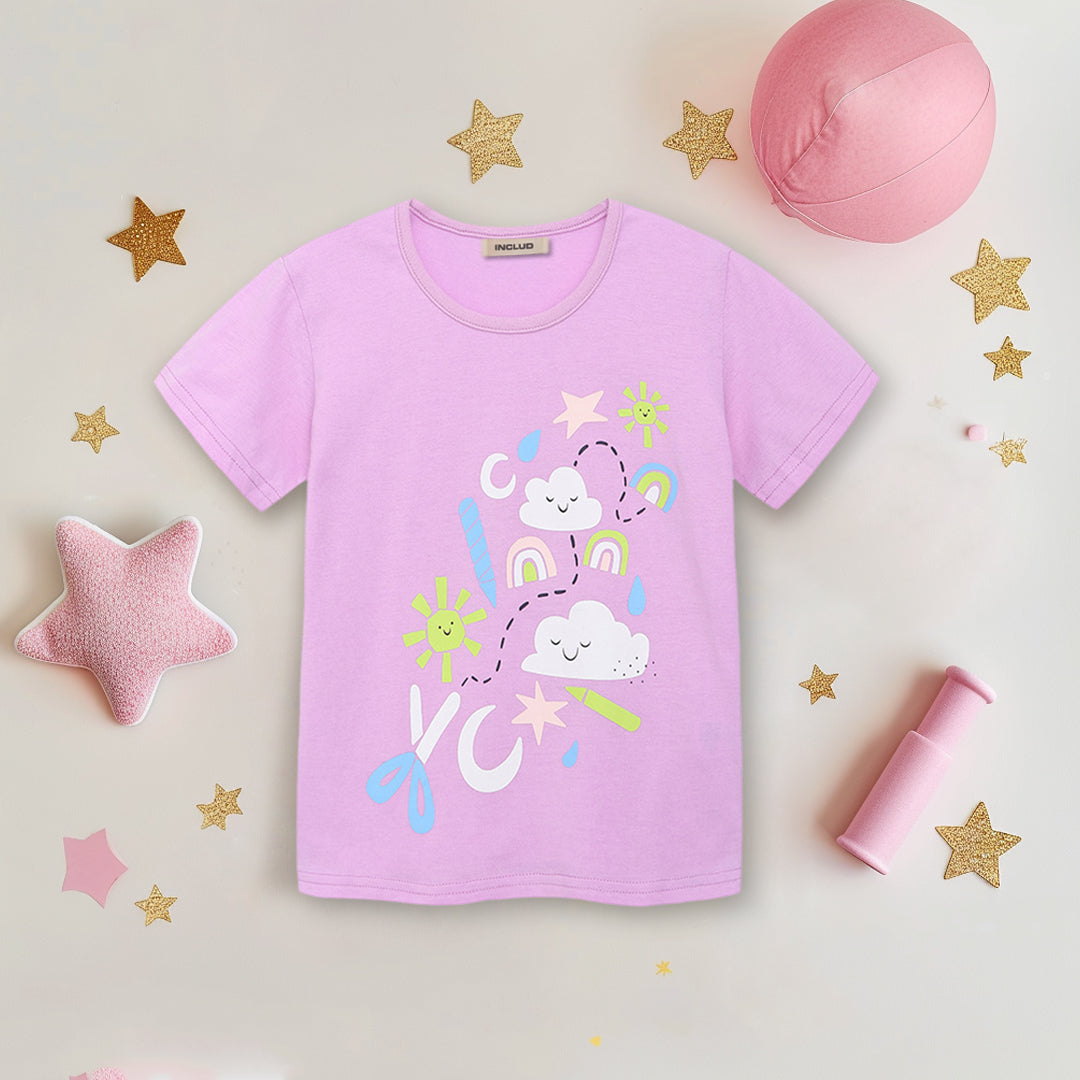 Girls Printed Short Sleeves Regular T-Shirt Tshirts Purple 1-2 Y 