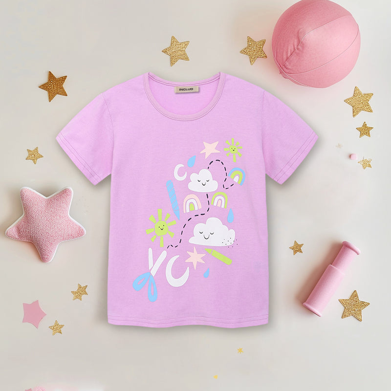 Girls Printed Short Sleeves Regular T-Shirt Tshirts Purple 1-2 Y 