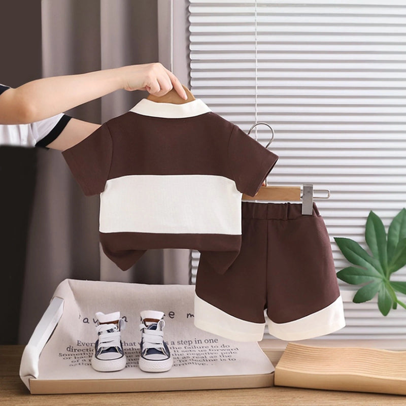 Boys Brown Typographic Polo T-Shirt With Elasticated Shorts Sets 2 pc. Sets