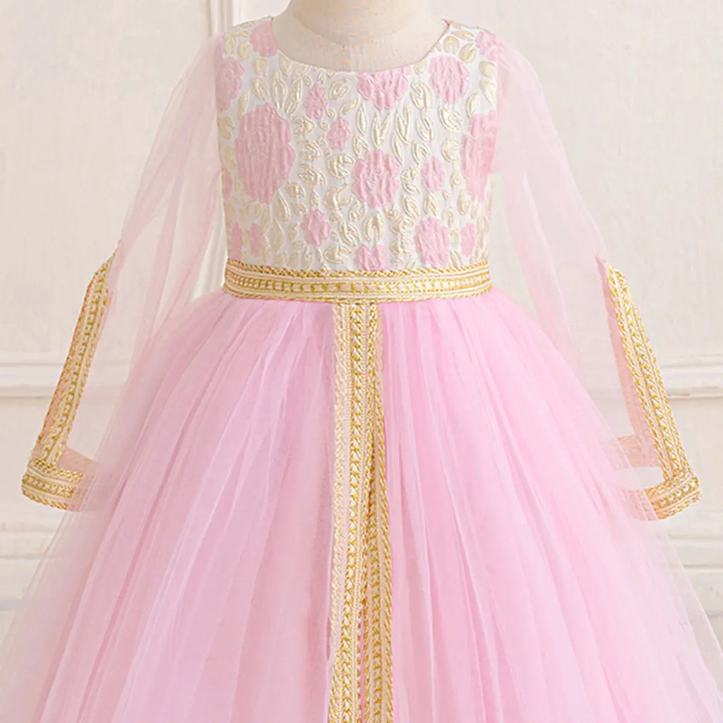 Girls Pink Floral Fit & Flare Dress With Long Sleeves Casual Dresses
