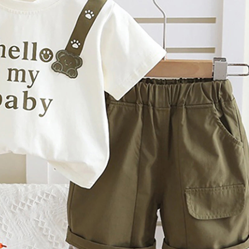 Boys Olive Green Typographic Printed Short Sleeve T-Shirt With Shorts Sets 2 pc. Sets