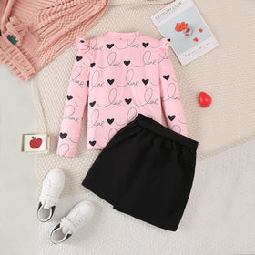 Girls Light Pink Heart Print Long Sleeves Top With Skirt Set 2 pc. Sets